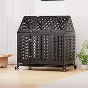 44 Inch Heavy Duty Indestructible Dog Crate with Wheels, Steel Escape-Proof Indoor Double Door High Anxiety Cage, Durable Chew-Proof Kennel with Removable Tray for Large Medium Dogs