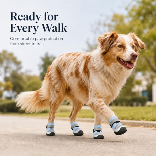 Dog Boots, Waterproof Dog Shoes with Reflective Straps, Rugged Anti-Slip Sole Paw Protectors for Medium Large Dogs, Breathable Pet Booties for Hot Pavement, Snow, Hiking, 4Pcs