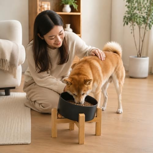 hjn Elevated Ceramic Dog Bowl/Raised Ceramic Dog Bowls with Bamboo Stand, 15°Slanted Raised Pet Feeder for Small Medium Dogs and Cats, Non-Slip Heavy Weighted Design (Black, 3.6Cup)