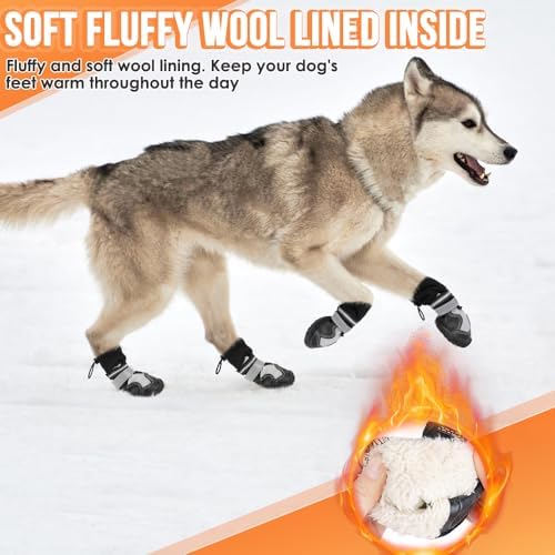 SlowTon Dog Boots for Winter Snow - Waterproof Fleece Lined Dog Shoes | Soft Rubber Dog Booties for Outdoor Walking Hiking Rain, Paw Protector for Large Small Medium Dogs, Grey - White Stitching, 7