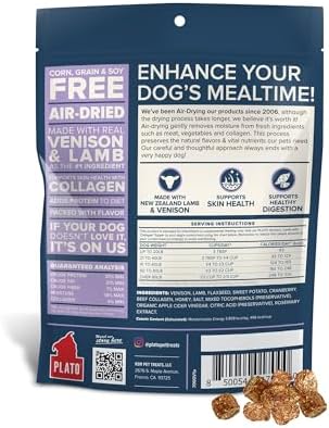 Plato Pet Treats Dog Food Toppers - Air-Dried Dog Food Toppers for Dry Food - with Collagen to Support Skin and Coat Health - Venison, Lamb and Collagen Recipe 5.5oz - Discontinued