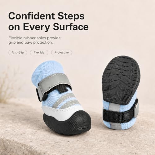 Dog Boots, Waterproof Dog Shoes with Reflective Straps, Rugged Anti-Slip Sole Paw Protectors for Medium Large Dogs, Breathable Pet Booties for Hot Pavement, Snow, Hiking, 4Pcs