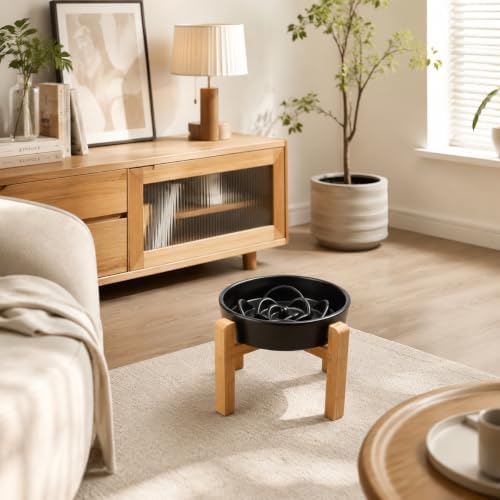 Petygooing 8.66 in Dog Bowl Ceramic Slow Feeder for Medium Large Dogs,Elevated/Raised Slow Feeding Dog Food Water Dish Heavy Weighted,Puzzle Eating Bowl Modern Maze (Black, 8.66in)