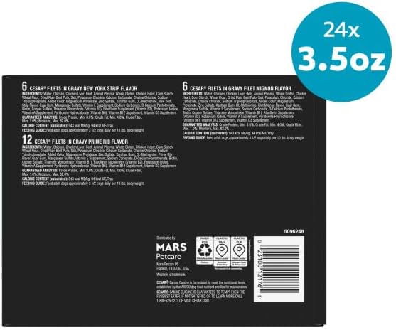 Cesar Filets in Gravy Wet Dog Food, Steak Mix Variety, 3.5 oz, 24 Count | Filet Mignon, New York Strip & Prime Rib, real meat, slow-cooked, no fillers/added sugar/artificial flavors, easy peel trays