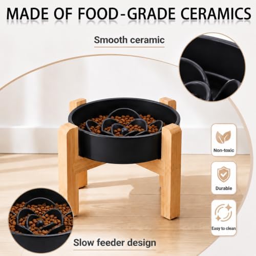 Petygooing 8.66 in Dog Bowl Ceramic Slow Feeder for Medium Large Dogs,Elevated/Raised Slow Feeding Dog Food Water Dish Heavy Weighted,Puzzle Eating Bowl Modern Maze (Black, 8.66in)