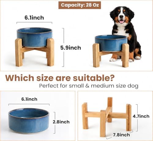 hjn Elevated Ceramic Dog Bowl with Bamboo Stand, Raised Pet Feeding Station for Small Medium Dogs Cats, Modern Design with Anti-Slip Base (Deep Blue, 3.6Cup)