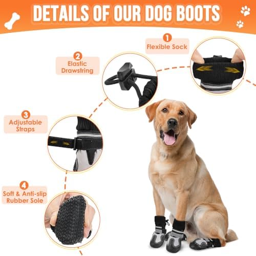 SlowTon Dog Boots for Winter Snow - Waterproof Fleece Lined Dog Shoes | Soft Rubber Dog Booties for Outdoor Walking Hiking Rain, Paw Protector for Large Small Medium Dogs, Grey - White Stitching, 7