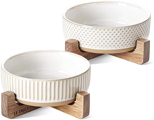 Ceramic Dog and Cat Bowl Set with Acacia Wood Stand - 2 Cup Weighted Non-Slip Food and Water Bowls for Small Dogs & Cats, Lines + Dot