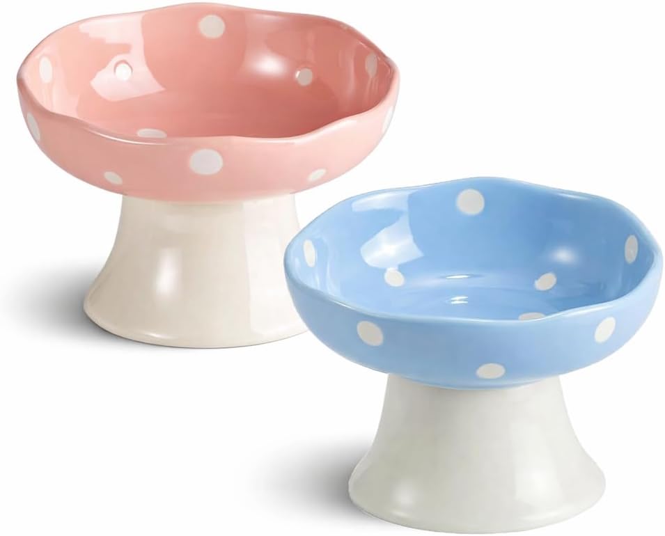 Pink and Blue Mushroom Cat Bowl Set,2PCS Elevated Ceramic Bowls for Cats | Cute Design, Elevated, Ceramic, Whisker Friendly, Dishwasher Safe