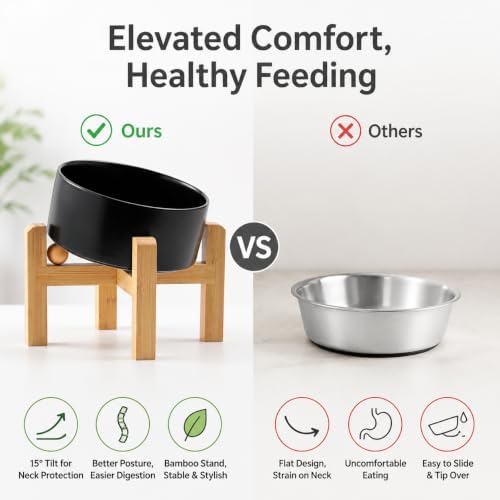hjn Elevated Ceramic Dog Bowl/Raised Ceramic Dog Bowls with Bamboo Stand, 15°Slanted Raised Pet Feeder for Small Medium Dogs and Cats, Non-Slip Heavy Weighted Design (Black, 3.6Cup)