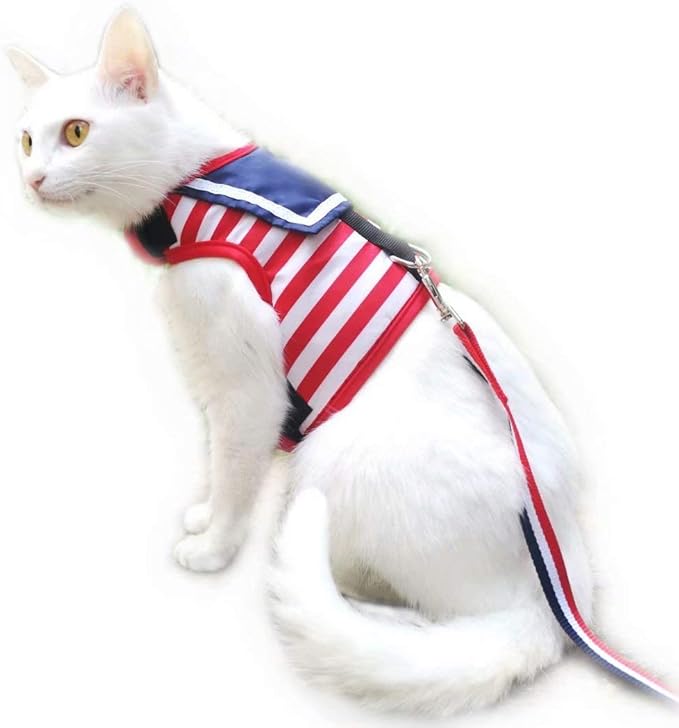 Cat Harness and Leash for Walking Escape Proof, Adjustable Cat Vest Harness, Padded Stylish Cat Walking Jackets, Sailor Suit Red, Small