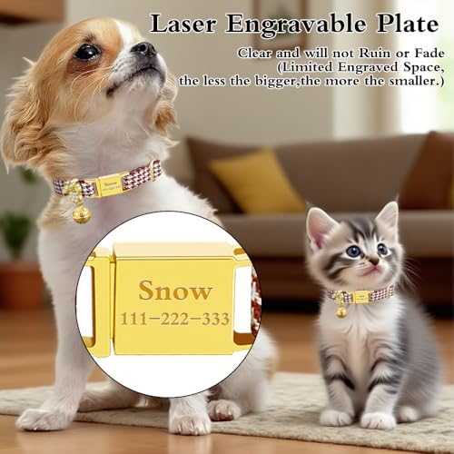 Personalized Breakaway Cat Collars - Magnetic Buckle, Bell - Safety Quick Release, Customized for Girls & Boys Cats - Houndstooth