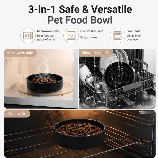 Petygooing 8.66 in Dog Bowl Ceramic Slow Feeder for Medium Large Dogs,Elevated/Raised Slow Feeding Dog Food Water Dish Heavy Weighted,Puzzle Eating Bowl Modern Maze (Black, 8.66in)