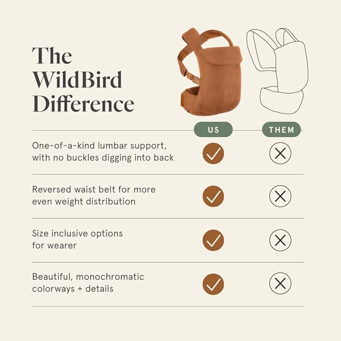 WildBird - Aerial Buckle Carrier - 2-24 Months - Large (L-4XL) Acadian - Front or Back Carry - Cross Straps, Lumbar Support, Headrest - Hip Healthy - Baby Carrier - Baby Essentials - New Mom Gifts