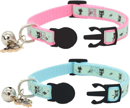 2 Pack Glow in The Dark Cat Collar with Bell Breakaway Safety Cat Puppy Collars with Pendant Light Blue and Pink