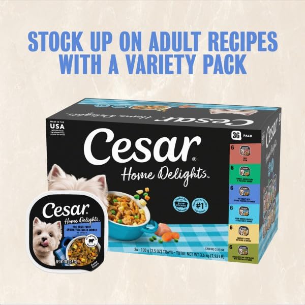 Cesar Home Delights Wet Dog Food, Dinner and Stew Variety, 3.5 oz, 24 Count | Real meat #1 ingredient, no fillers, no added sugar, no artificial flavors, complete & balanced, easy peel trays