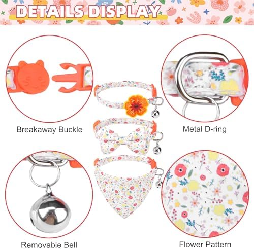 Summer Cat Collar Breakaway with Bells and Bowtie, 2 Pack Cute Leather Cat Bandana Collar with Safety Buckle Adjustable Size for Small Kitten Boys Girls, White+Orange Flower