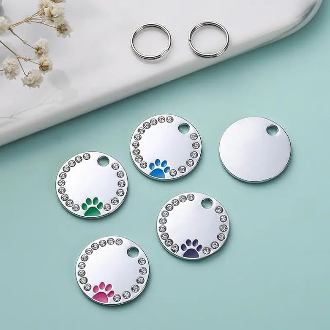 Personalized Dog/Cat Cute Paw Pet ID Tag for Pet Collar or Key Chain - Custom Laser Engraved Unique Dog/cat Name tag with Phone Number (Black, Crystals Round-Small)