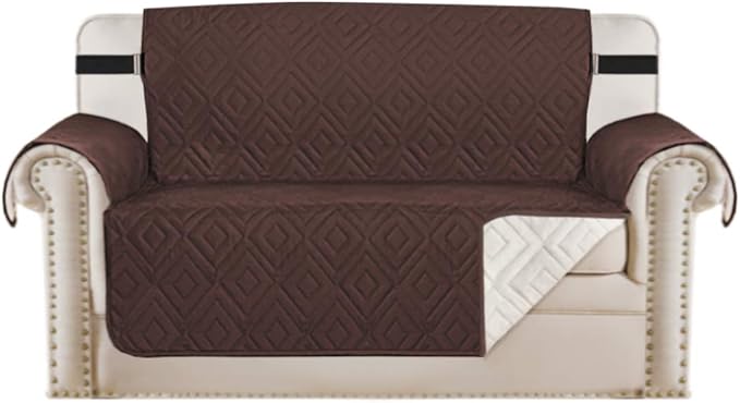 H.VERSAILTEX Reversible Loveseat Cover Furniture Protector Anti-Slip Water Resistant 2" Elastic Straps Couch Covers Pets Kids Fit Sitting Width Up to 54"(Oversized Loveseat: 75" x 98", Brown/Beige)