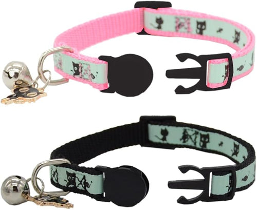 2 Pack Glow in The Dark Cat Collar with Bell Breakaway Safety Cat Puppy Collars with Pendant Black and Pink