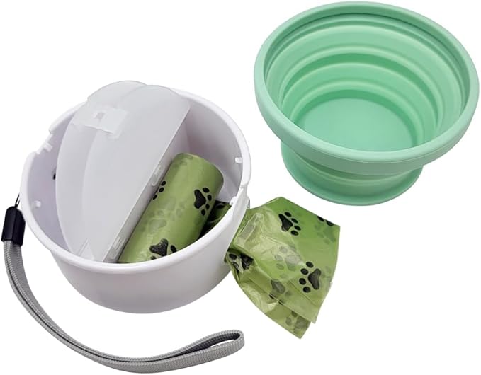 3 in 1 Collapsible Dog Bowl. Treat Container, Poop Bag Holder with 1 Roll Poop Bags – Practical Silicone Dog Bowl – Durable Pet Bowls for Travel Essentials, Daily Walks (Violet)