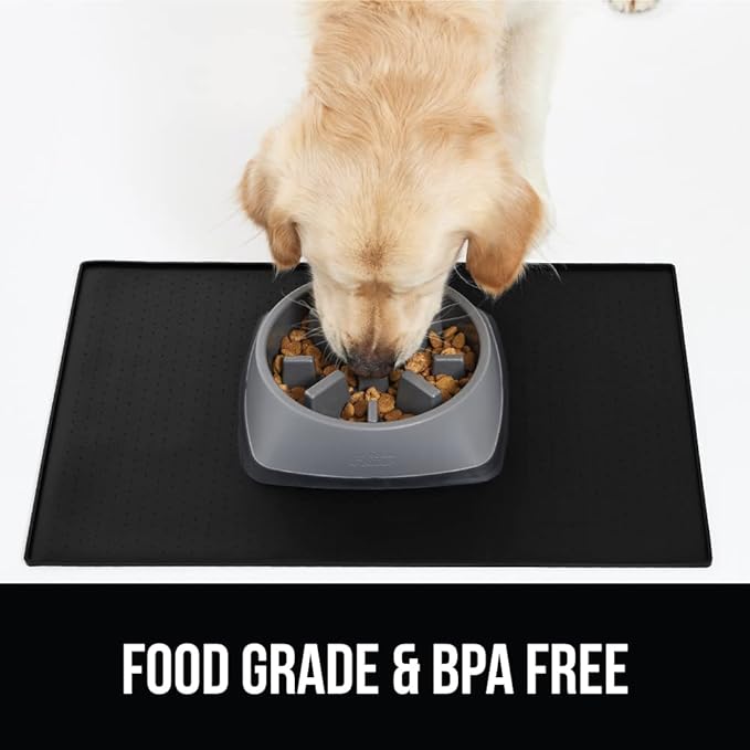 GORILLA GRIP 100% Waterproof Raised Edge BPA Free Silicone Pet Feeding Mat, Dog Cat Food Mats Contain Spills Protects Floors, Placemats for Cats and Dogs Water Bowl, Pets Accessories 16x10, Black