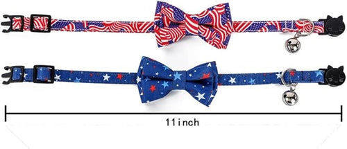 2-Pack Breakaway Cat Collars with Removable Double-Layer Bow Tie and Bell for Boy and Girl Cats Safety Kitten Collars Suitable for Festivals and Daily. (Independence Day)