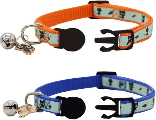 2 Pack Glow in The Dark Cat Collar with Bell Breakaway Safety Cat Puppy Collars with Pendant Orange and Blue