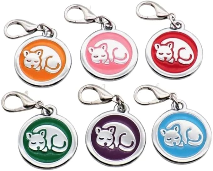 Personalized Pet ID Tags for Kittens and Cats - Custom cat Name tag and ID tag for Collar (Purple, Sleeping Cat Round-Small)