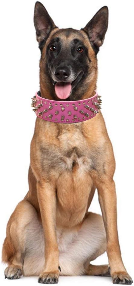 Serijoars Spiked Studded Dog Collar, PU Leather Dog Collar, Adjustable Pet Collars for Medium or Large Breed Pet (S, Pink)