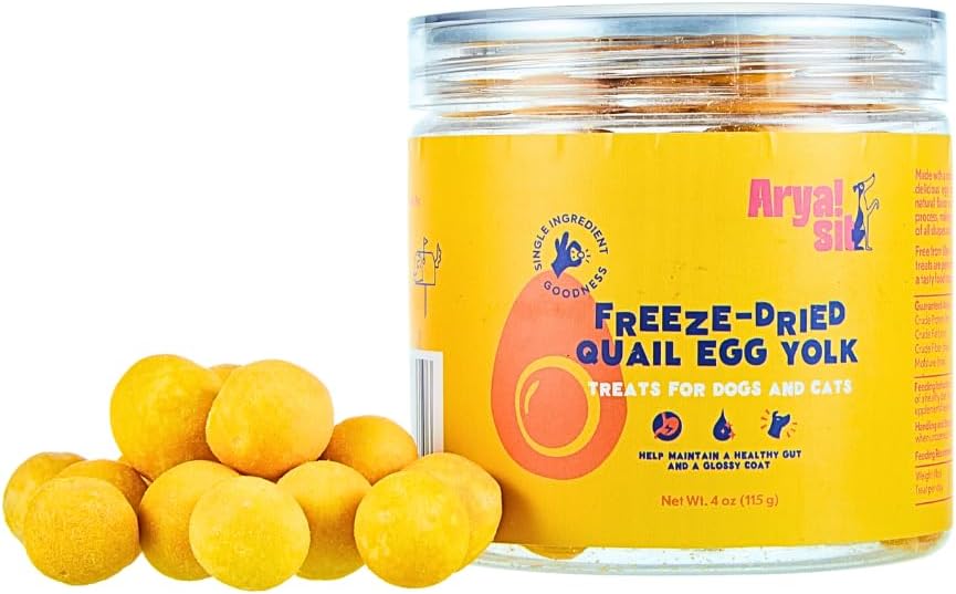 Arya Sit! - Freeze-Dried Single Ingredient Treat (Quail Egg Yolk) for Dogs and Cats - High Protein · Rich in Lecithin for Healthy Coat · No Artificial Ingredients · 4 oz/8 oz