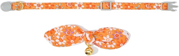 2 Pack Cotton Cat Collar, Removable Bowtie, Floral Pattern, Safety Breakaway Clasp, Adjustable for Cats.(Adult Cat, Orange Plaid and Floral)