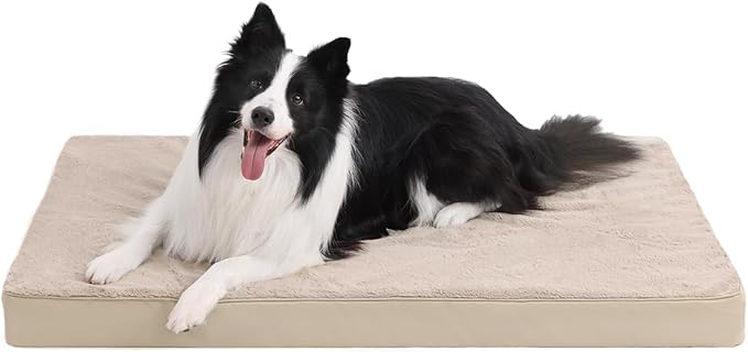 KSIIA Orthopedic Dog Bed Crate Waterproof Pet Mats for Extra Large Dogs Deluxe Plush Washable Pet Bed with Egg Crate Foam & Removable Cover, 47 x 29 Inch, Khaki