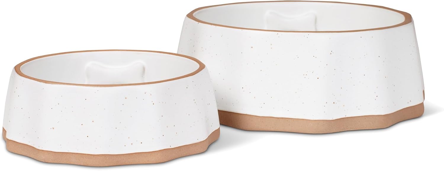 Fringe Studio Speckled Bone Small Sculpted Ceramic Pet Bowl W/Exposed Clay (5.25" Diameter x 1.75" H, 10 fl.oz.), PetShop Collection (779SM001) (Pack of 2)