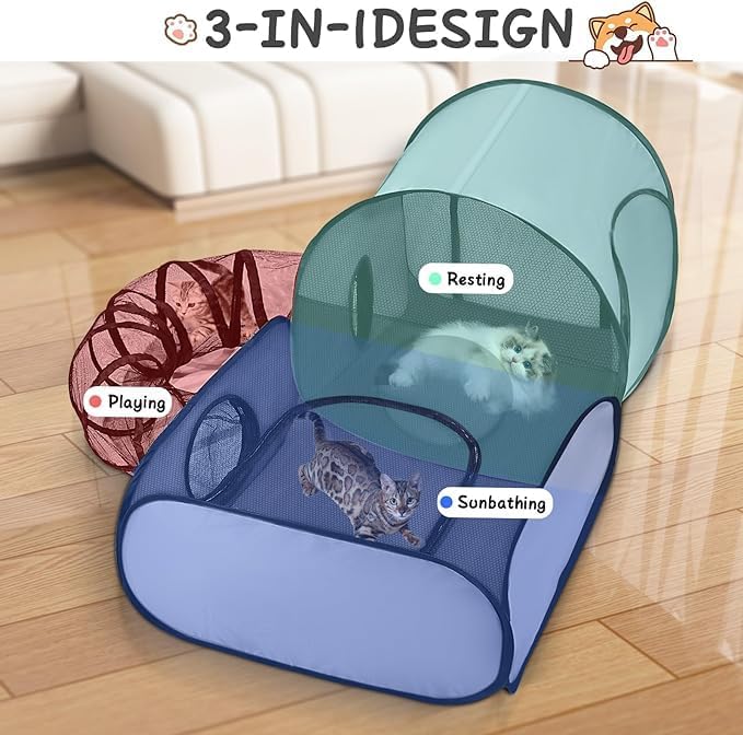 Dog Playpen with Surround Tunnel, Outdoor/Indoor Cat Playpen with Breathable Soft Sides，Tailtastic Cat Enclosure Tent for Small Animals, Portable Cat Tent with Carry Bag (Large)