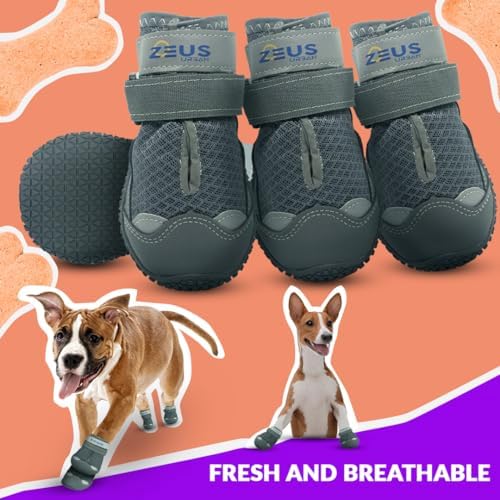 Dog Boots – Breathable Paw Protectors, Anti-Slip Sole (4 Pack, Size 3, Army Grey), for Medium Dogs | Hiking, Hot Pavement & Winter Snow | Adjustable Straps with Reflective Safety Design