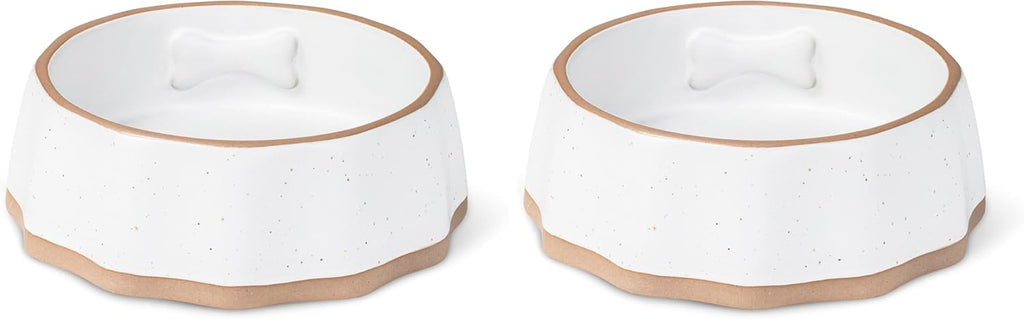 Fringe Studio Speckled Bone Small Sculpted Ceramic Pet Bowl W/Exposed Clay (5.25" Diameter x 1.75" H, 10 fl.oz.), PetShop Collection (779SM001) (Pack of 2)