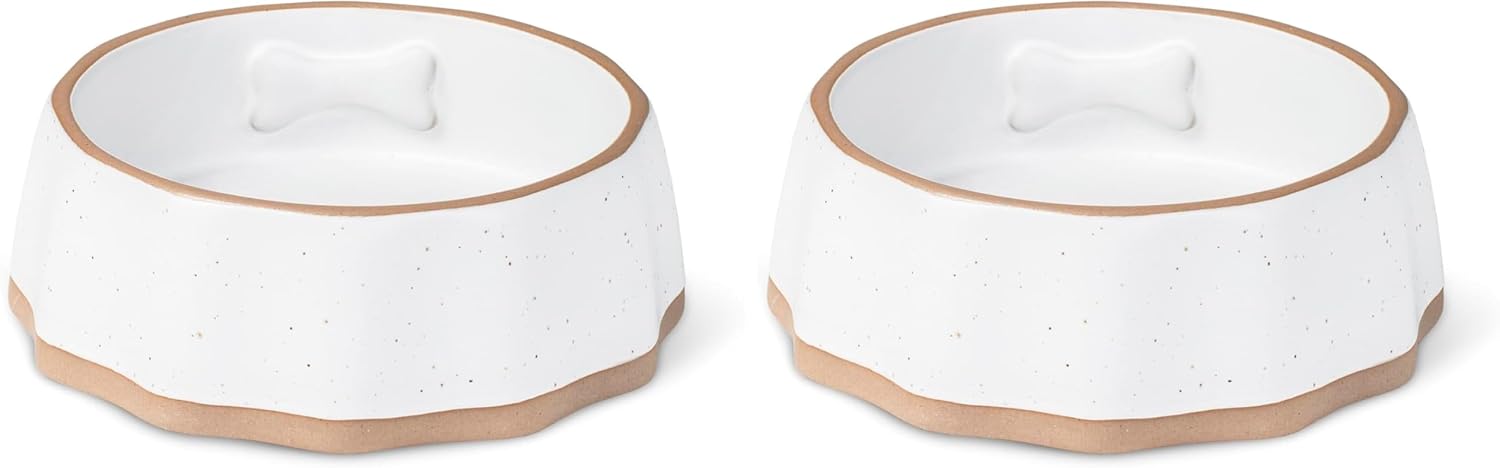 Fringe Studio Speckled Bone Small Sculpted Ceramic Pet Bowl W/Exposed Clay (5.25" Diameter x 1.75" H, 10 fl.oz.), PetShop Collection (779SM001) (Pack of 2)