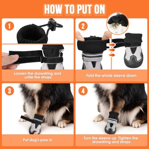 SlowTon Dog Boots for Winter Snow - Waterproof Fleece Lined Dog Shoes | Soft Rubber Dog Booties for Outdoor Walking Hiking Rain, Paw Protector for Large Small Medium Dogs, Grey - White Stitching, 7
