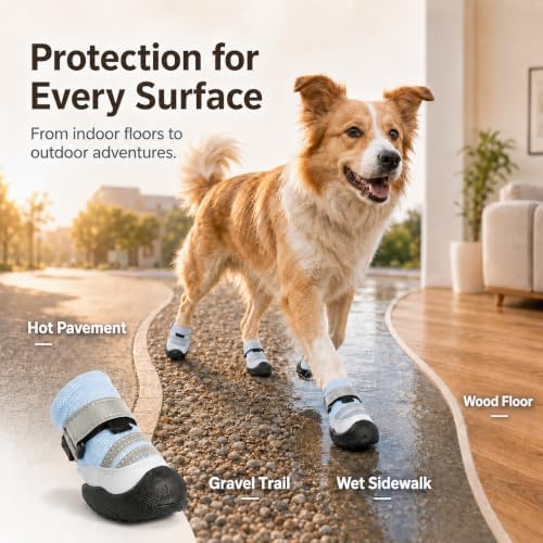 Dog Boots, Waterproof Dog Shoes with Reflective Straps, Rugged Anti-Slip Sole Paw Protectors for Medium Large Dogs, Breathable Pet Booties for Hot Pavement, Snow, Hiking, 4Pcs