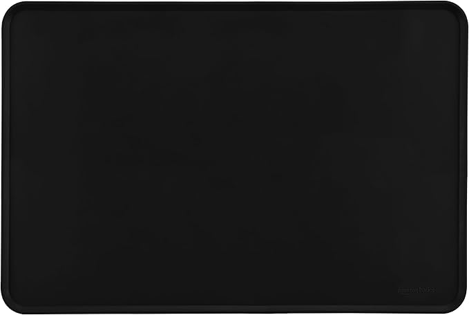 Amazon Basics Waterproof Non-Slip Silicone Pet Feeding Mat with Raised Edges, Prevents Spills, Easy to Clean, Protects Floors for Cat & Dog Food and Water Bowls, 24 x 16 Inches, Black
