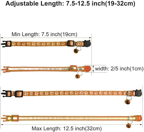 2 Pack Breakaway Cat Collars with Bells, Reflective Design and Claw Print Design, Safety Buckle Kitten Collars Adjustable from 7.5 to 12.5 Inches (Orange)