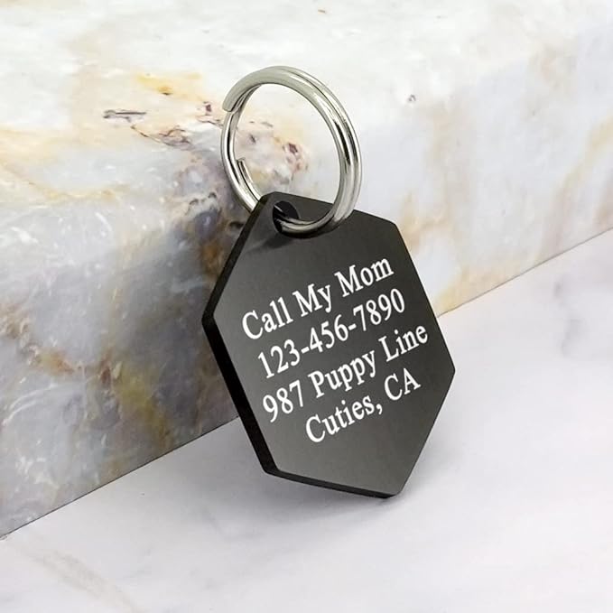 Ultra Joys Custom Personalized Dog ID Tag - Brushed Stainless Steel Hexagon Black Large