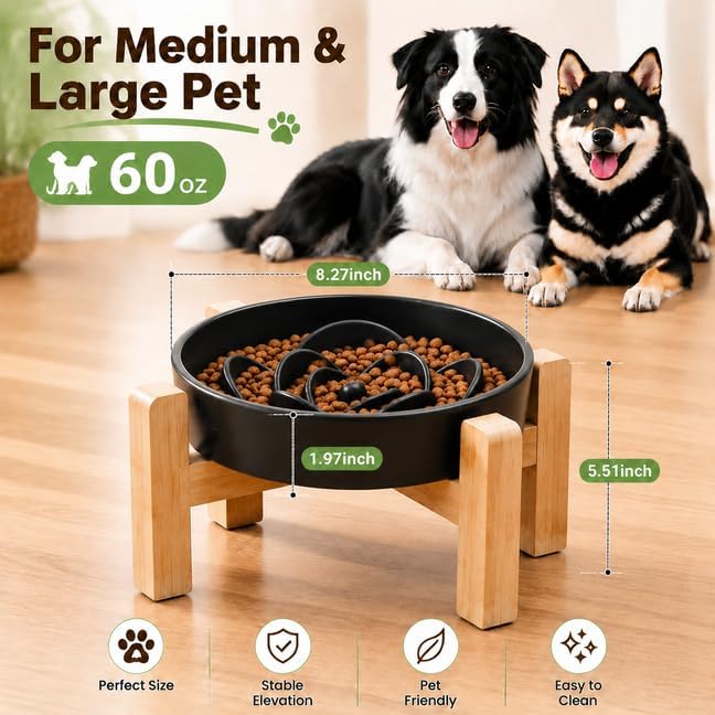 Petygooing 8.66 in Dog Bowl Ceramic Slow Feeder for Medium Large Dogs,Elevated/Raised Slow Feeding Dog Food Water Dish Heavy Weighted,Puzzle Eating Bowl Modern Maze (Black, 8.66in)