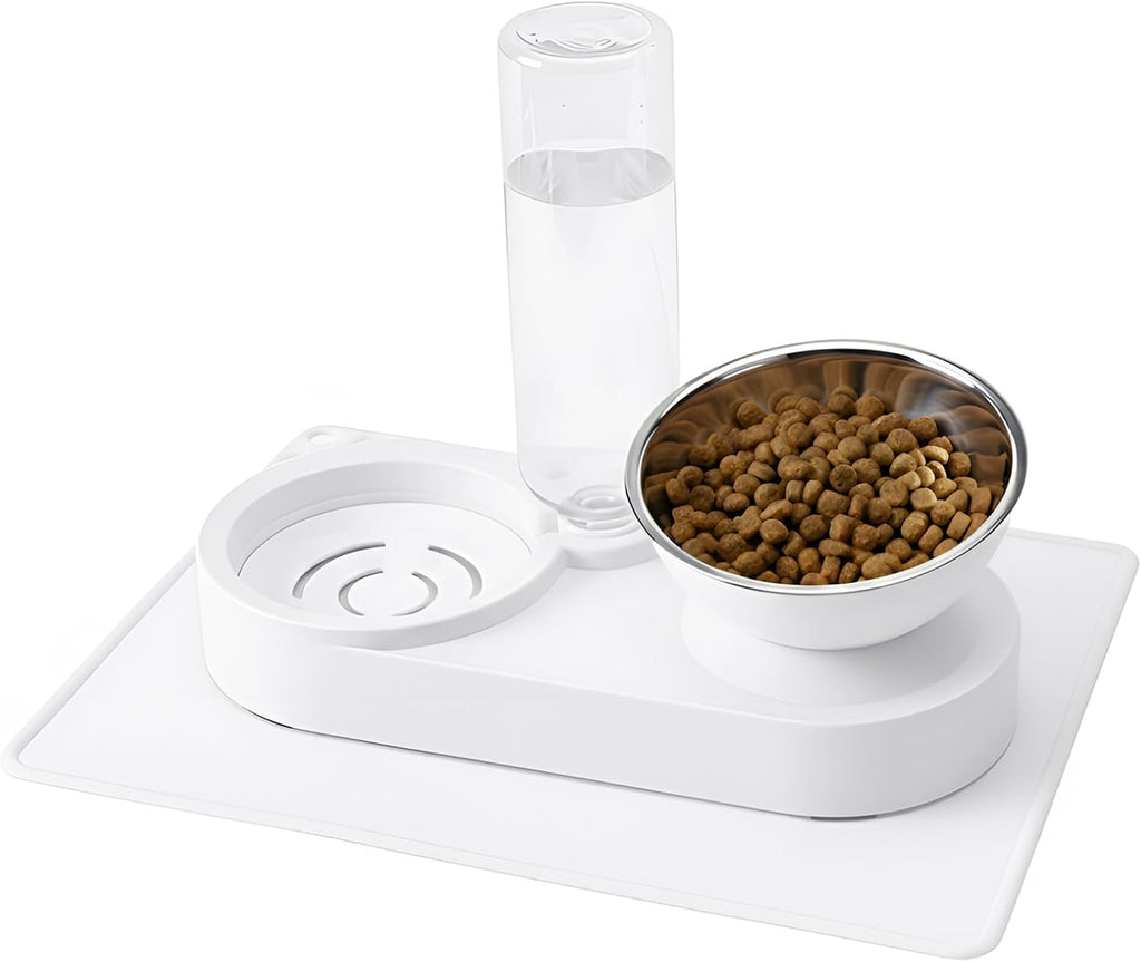 2 in 1 Elevated Dog Cat Bowls, 15°Tilted Pets Water and Food Bowl Set, Pet Feeding Bowls with Automatic Water Bottle and Feeding Mat for Kittens and Small Dogs, White