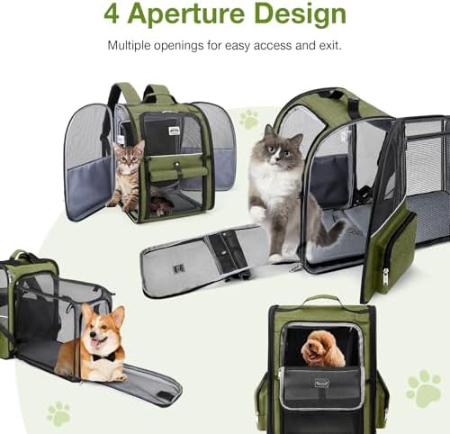 Large Cat Backpack Carrier Expandable Pet Carrier Backpack for Small Dogs Medium Cats Fit Up to 18 Lbs, Dog Backpack Carrier, Foldable Puppy Backpack Carrier for Travel,Dark Green, Large
