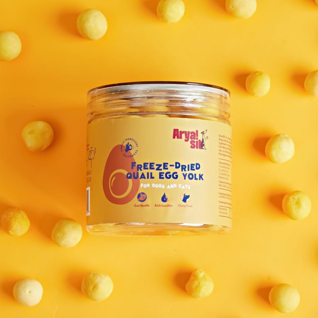 Arya Sit! - Freeze-Dried Single Ingredient Treat (Quail Egg Yolk) for Dogs and Cats - High Protein · Rich in Lecithin for Healthy Coat · No Artificial Ingredients · 4 oz/8 oz