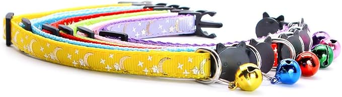 Reflective Cat Collars Breakaway with Bell 2-Pack Girl Boy Pet Kitten Collar with Star Moon Patetrn Adjustable 7.5-12.5 Inch (Yellow)