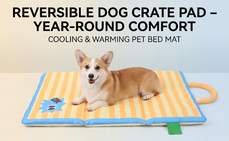 HEEPDD Reversible Dog Crate Pad, Cool Oxford Warm PU Sides | Pet Mat for Summer Winter, Foldable with Carry Handle, Non Slip Surface for Crates Cars Floors