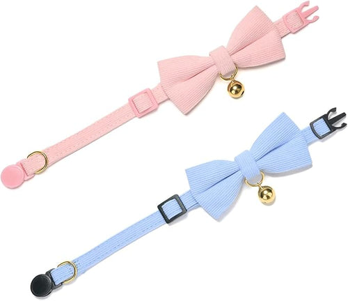 2 Pack Soft Corduroy Cat Collars with Bow Tie & Bell Adjustable Breakaway Bowtie Kitten Collar for Girl Boy Kittens(Blue & Pink)